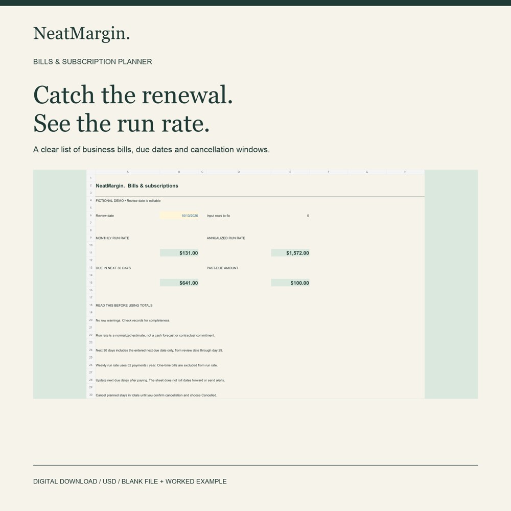 Preview of NeatMargin Bills & Subscription Planner using fictional example data