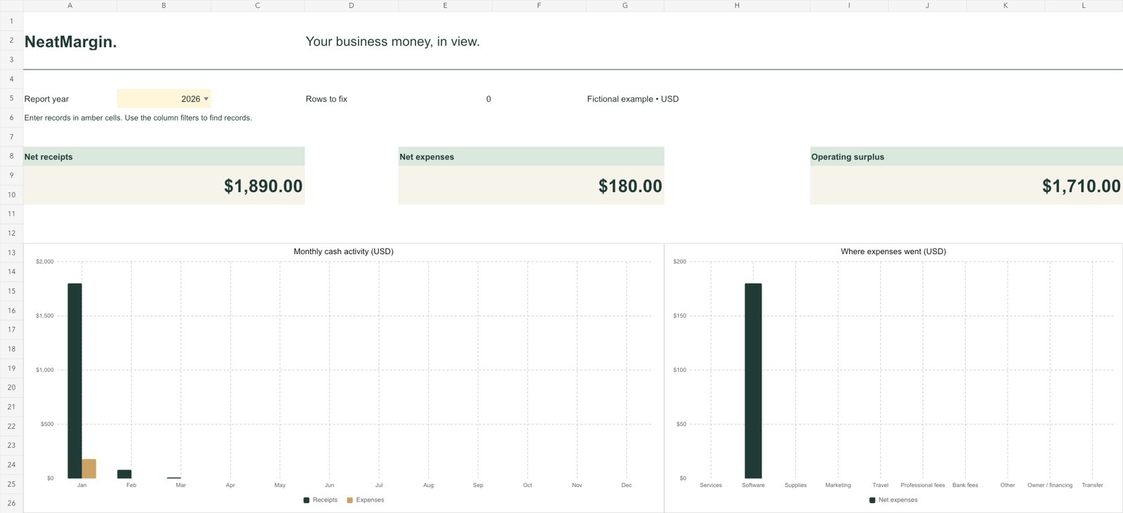 Actual starter bundle dashboard with fictional data